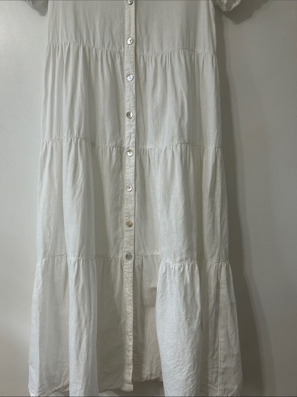 Zara Dress Linen Maxi Medium White Button-Front Tiered Cottagecore Puff Sleeve - Picture 6 of 14